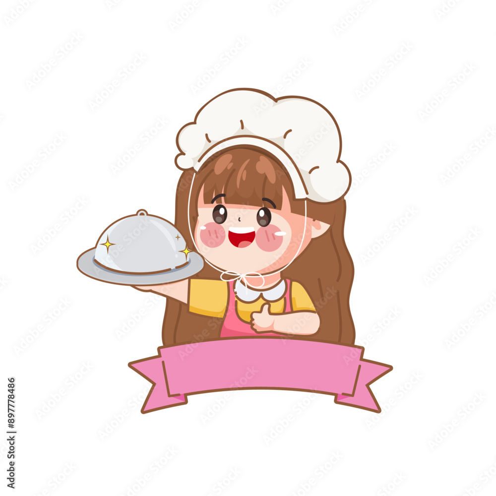 Cute chef woman in uniform character holding a silver dome. Design for sticker label design. Cute chef woman in uniform character holding a silver dome. Design for sticker label design.