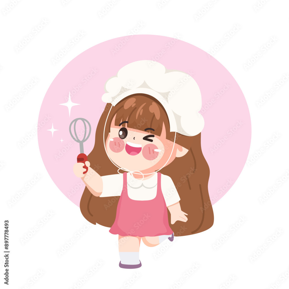 Cute chef woman in uniform character holding a Whisk. Design for sticker label design. Cute chef woman in uniform character holding a Whisk. Design for sticker label design.