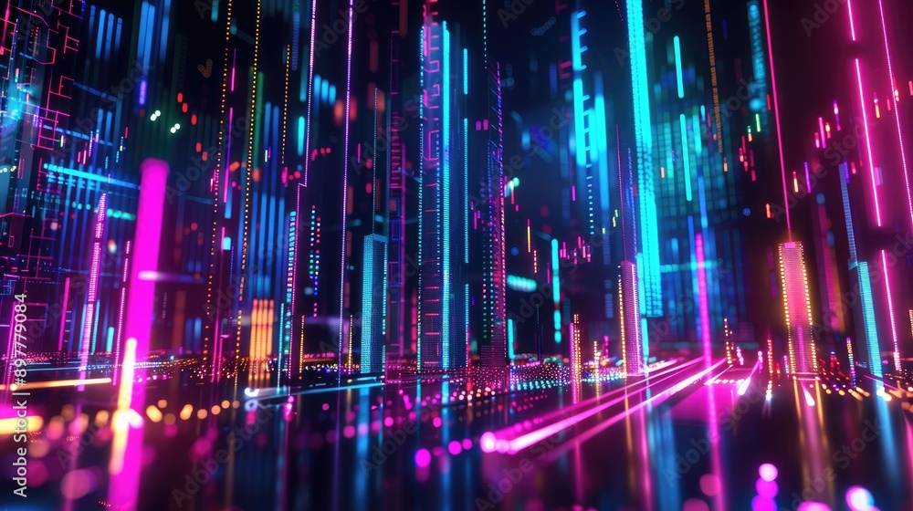 Futuristic Cityscape with Neon Lights and Reflective Surfaces Futuristic Cityscape with Neon Lights and Reflective Surfaces