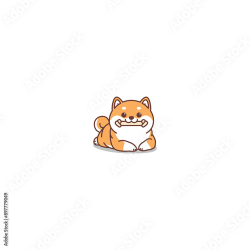 Cute shiba inu dog holding toy in mouth and laying down cartoon, vector illustration