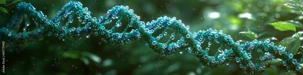 Abstract structure of DNA molecule on blurred natural green background. DNA double helix structure. Genetically modified product. Sustainable science and eco friendly technology concept Abstract structure of DNA molecule on blurred natural green background. DNA double helix structure. Genetically modified product. Sustainable science and eco friendly technology concept