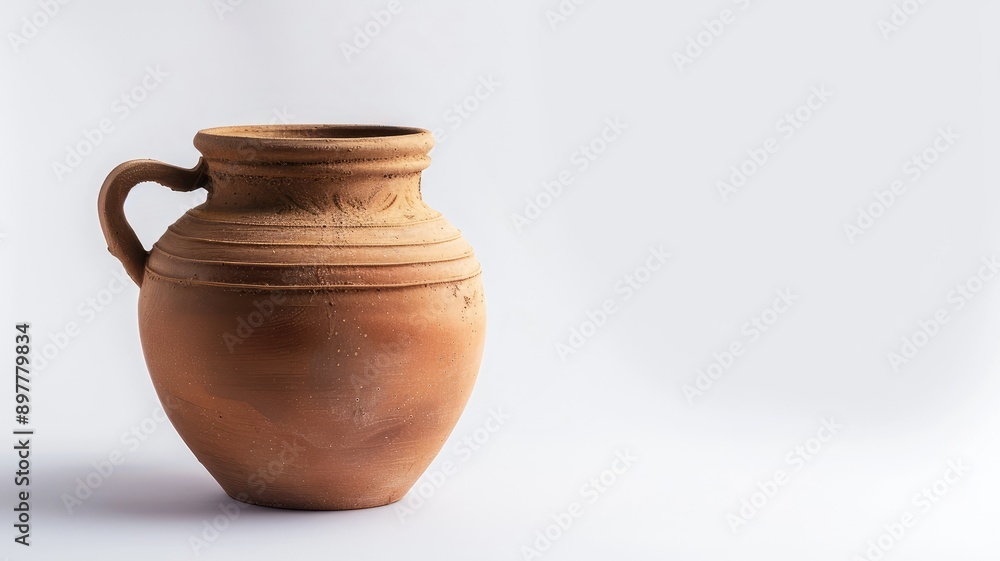 Rustic clay pot with handle on white background Rustic clay pot with handle on white background