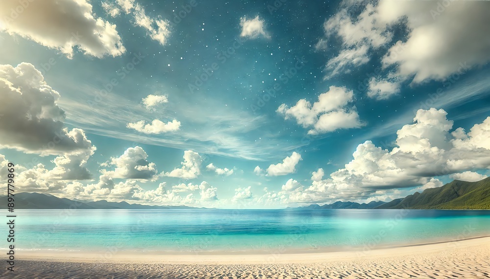 A serene and picturesque beach scene, showcasing a wide stretch of white sandy shore and clear, turquoise ocean waves. The sky above is a bright blue A serene and picturesque beach scene, showcasing a wide stretch of white sandy shore and clear, turquoise ocean waves. The sky above is a bright blue