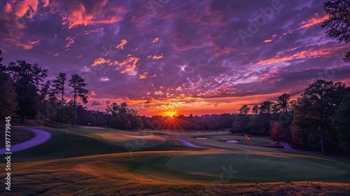 Sunset over the golf course with the sky, orange, purple light 