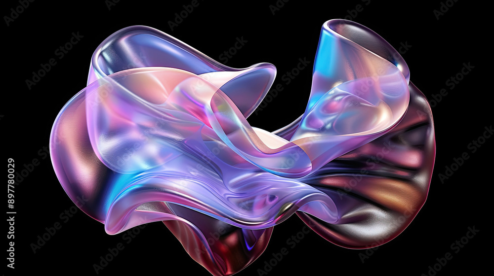 3D Fluid Creative Background with Glassmorphism Style, Frosted Glass Effect in Pastel Colors: Pink, Purple, Blue, Curved Line Graphic Design, Isolated on Black Background