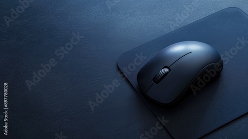 Black wireless mouse on dark pad and desk photo