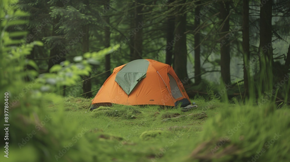 Orange tent in a forest clearing. Orange tent in a forest clearing.