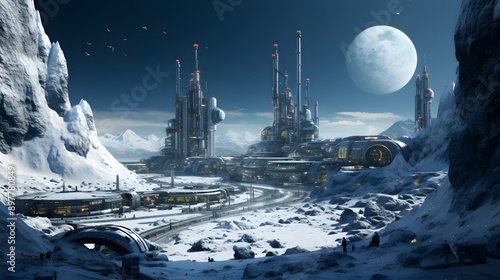 A futuristic city sits nestled amidst snow-capped mountains under a luminous moon in a scene of otherworldly beauty.