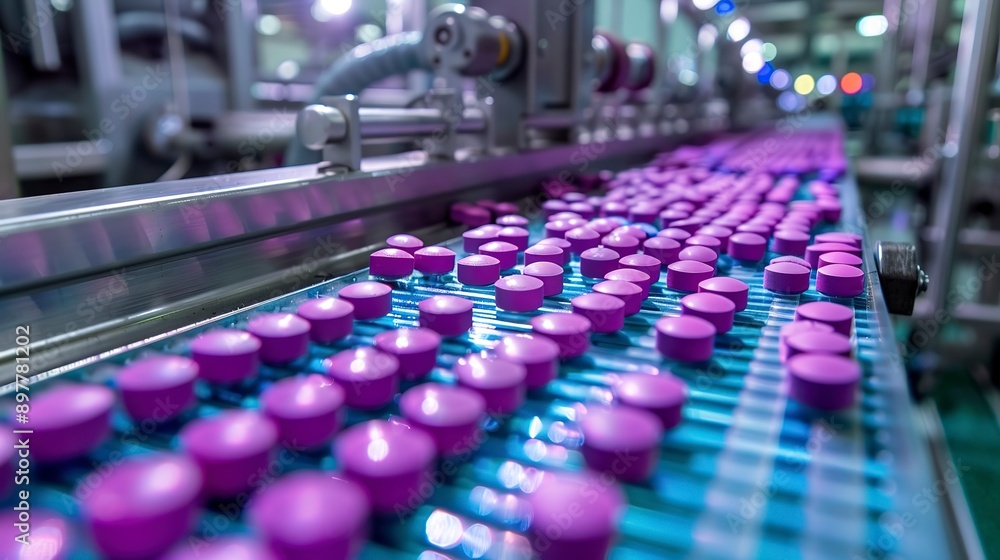 Industrial pharmaceutical production line with a series of purple capsules organized in rows on a conveyor belt Industrial pharmaceutical production line with a series of purple capsules organized in rows on a conveyor belt