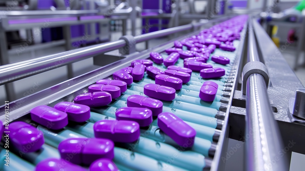 Industrial pharmaceutical production line with a series of purple capsules organized in rows on a conveyor belt Industrial pharmaceutical production line with a series of purple capsules organized in rows on a conveyor belt