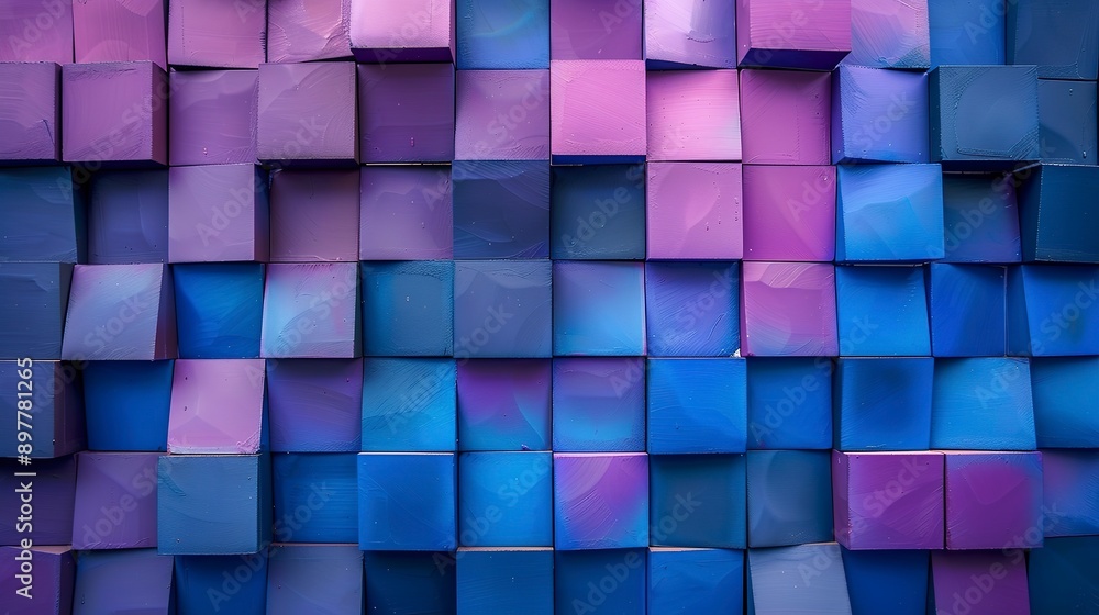 A wall made of square tiles with a blue and purple color scheme. The tiles are arranged in a way that creates a sense of depth and texture. Scene is calm and serene, with the colors A wall made of square tiles with a blue and purple color scheme. The tiles are arranged in a way that creates a sense of depth and texture. Scene is calm and serene, with the colors