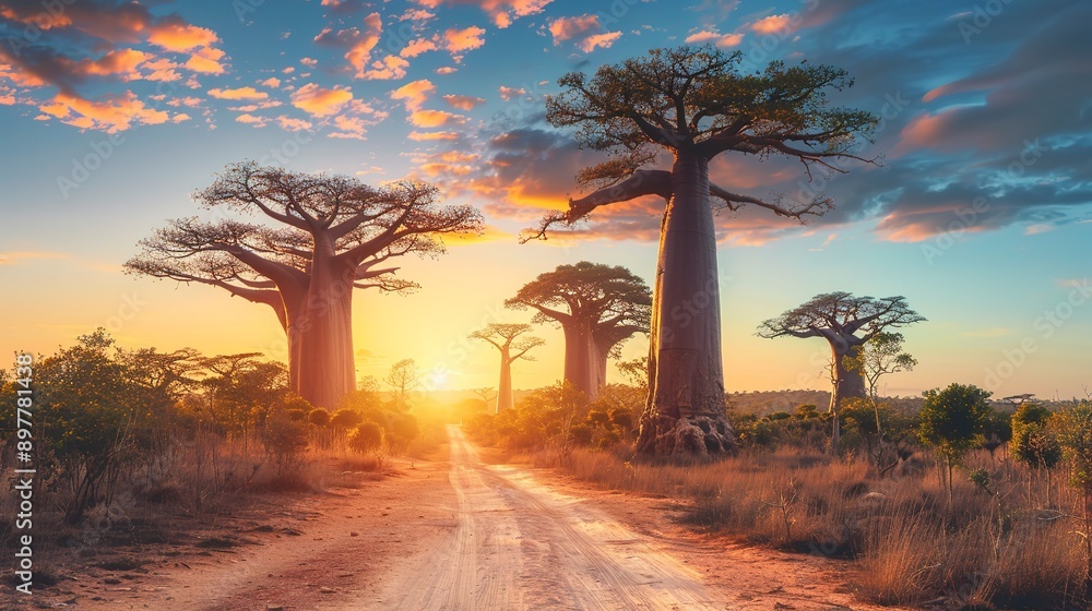 Obraz premium Beautiful Baobab trees at sunset at the avenue of the baobabs in Madagascar