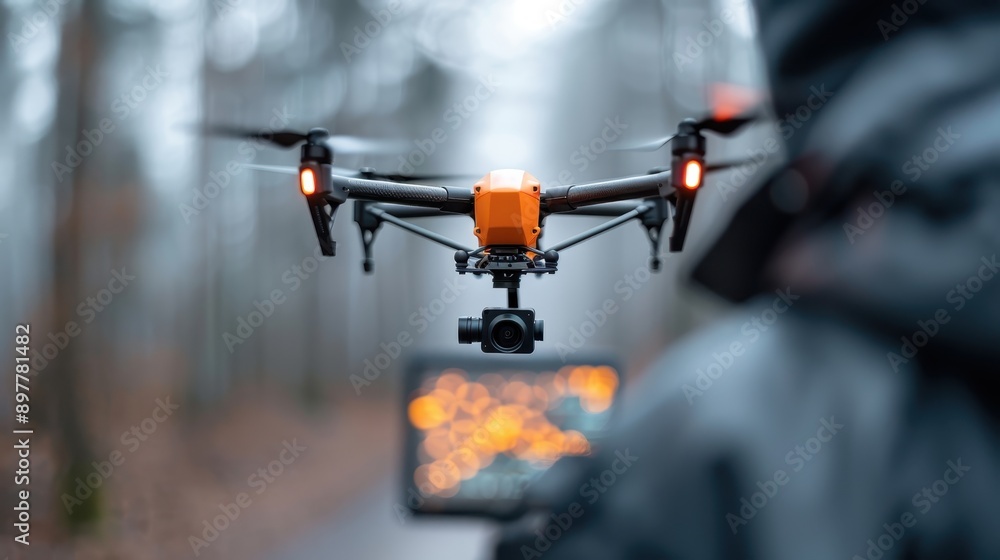 A drone equipped with a camera is being operated in a misty forest by a person using a controller with an illuminated screen, capturing aerial footage. A drone equipped with a camera is being operated in a misty forest by a person using a controller with an illuminated screen, capturing aerial footage.