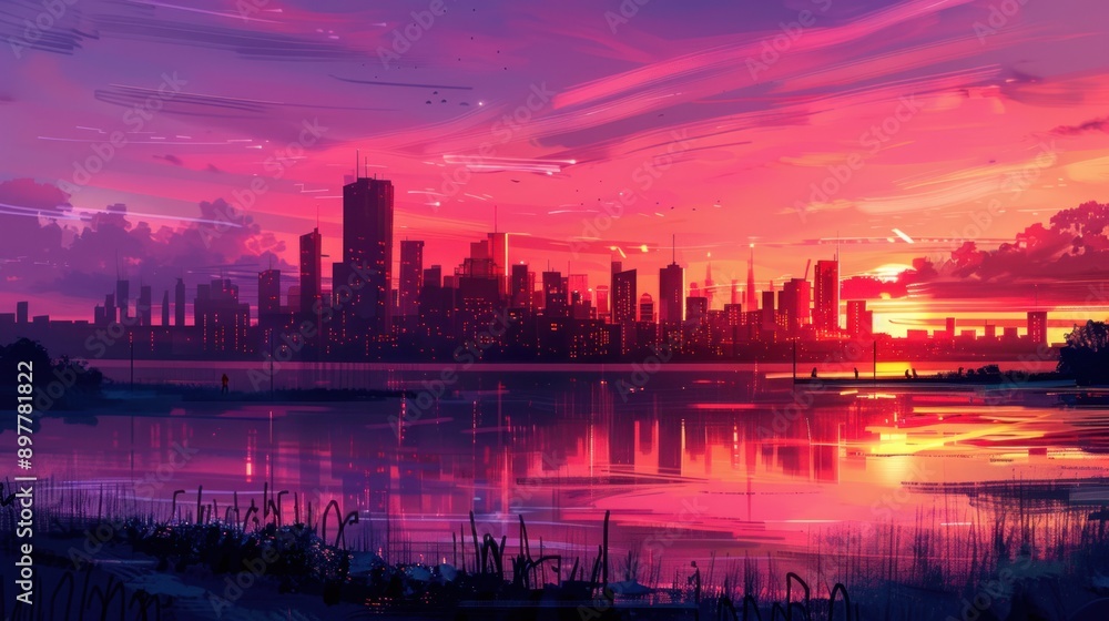 Fototapeta premium Cityscape at Sunset with Pink and Orange Hues