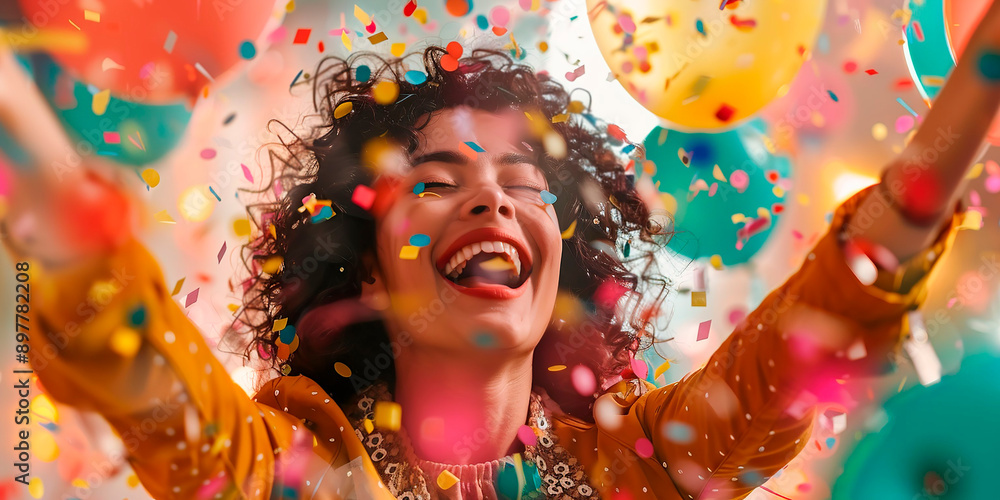 A woman is surrounded by colorful confetti and balloons, and she is smiling. Concept of joy and celebration, as the woman is having a great time A woman is surrounded by colorful confetti and balloons, and she is smiling. Concept of joy and celebration, as the woman is having a great time
