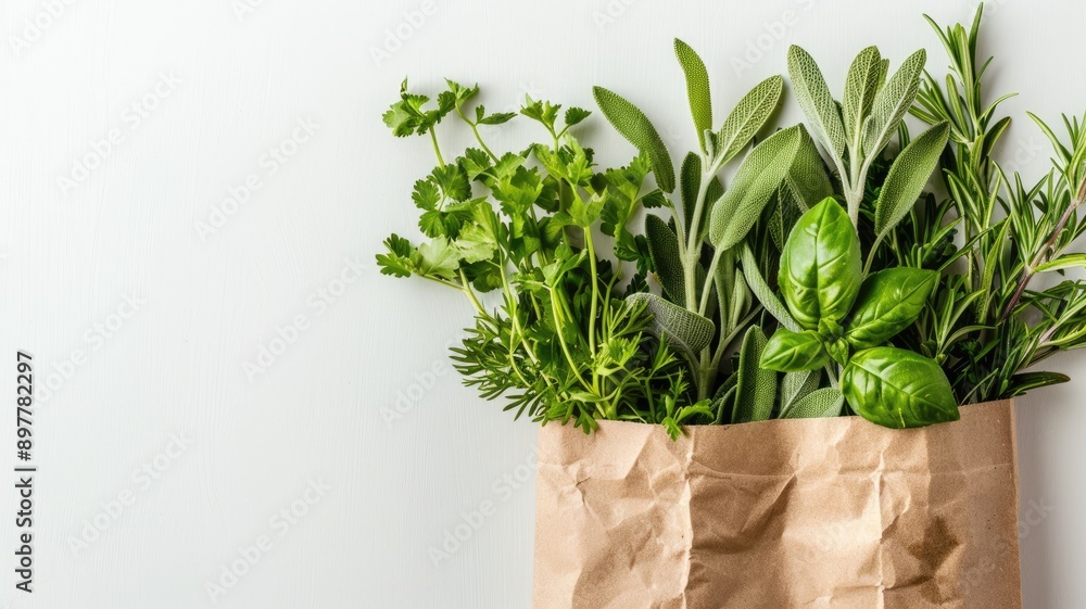 Naklejka premium Fresh herbs in paper bag on white surface