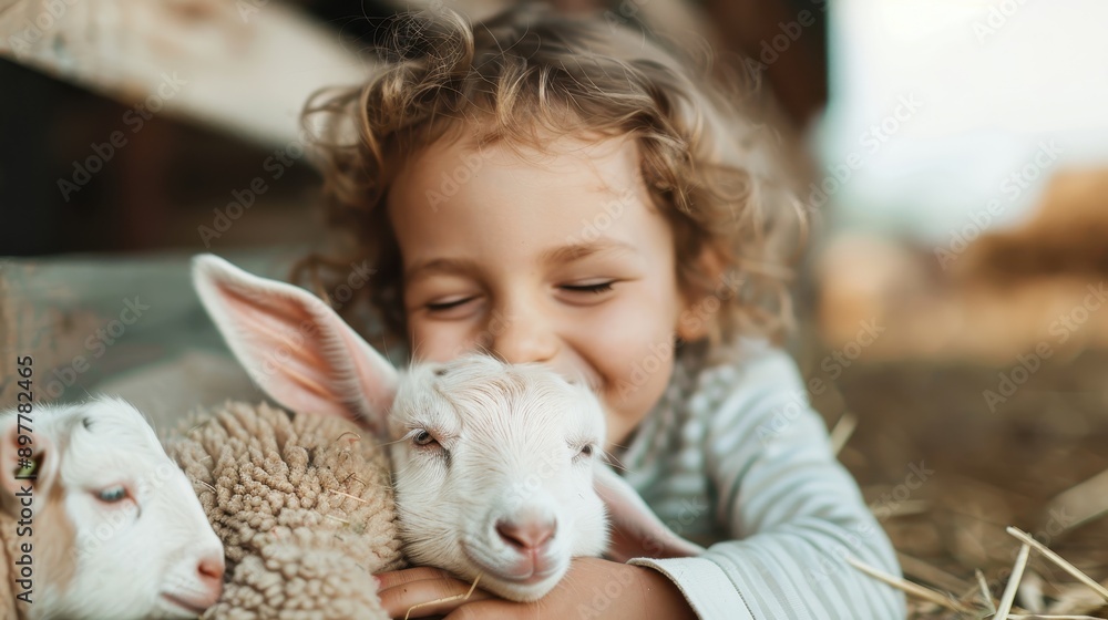 A child smiling and cuddling a baby goat while laying in hay at a farm, symbolizing tenderness, joy, and the bond between humans and animals. A child smiling and cuddling a baby goat while laying in hay at a farm, symbolizing tenderness, joy, and the bond between humans and animals.