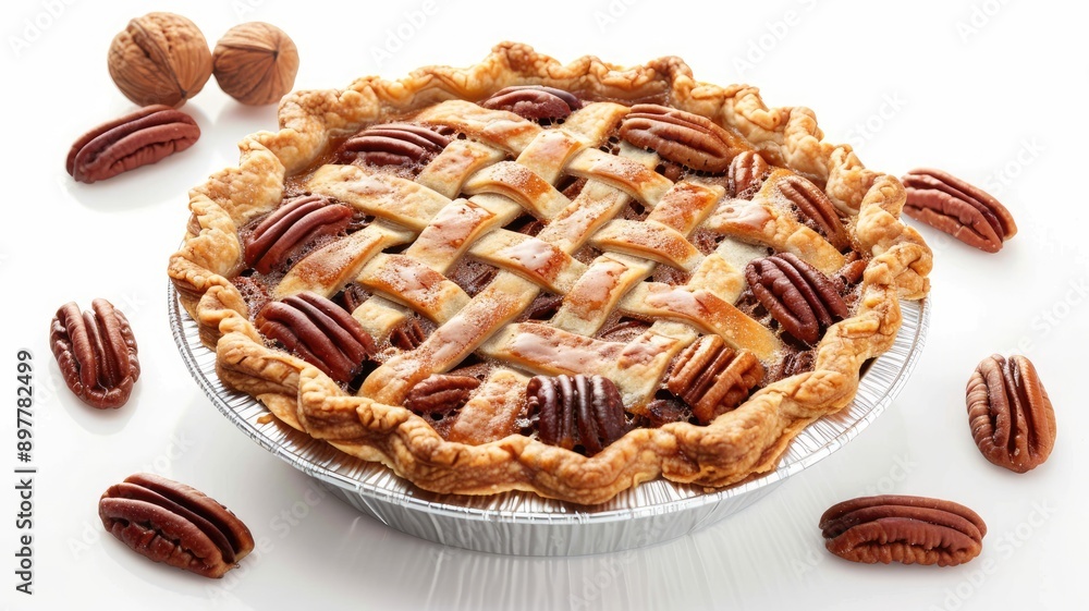 Pecan pie topped with nuts in lattice crust metal tin Pecan pie topped with nuts in lattice crust metal tin