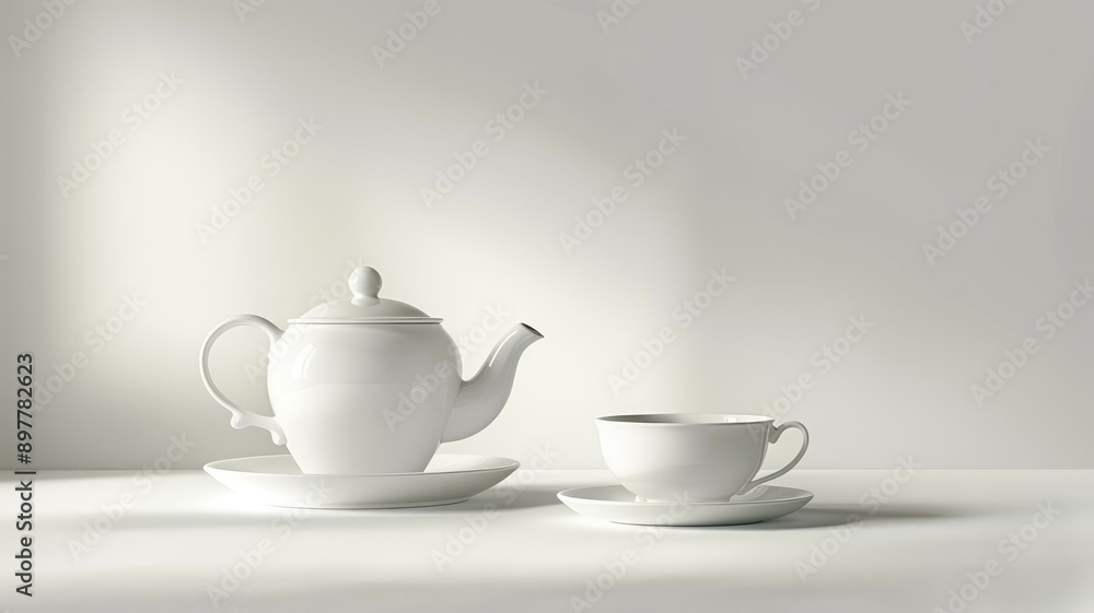 White teapot with matching cup and saucer in minimalistic setting White teapot with matching cup and saucer in minimalistic setting