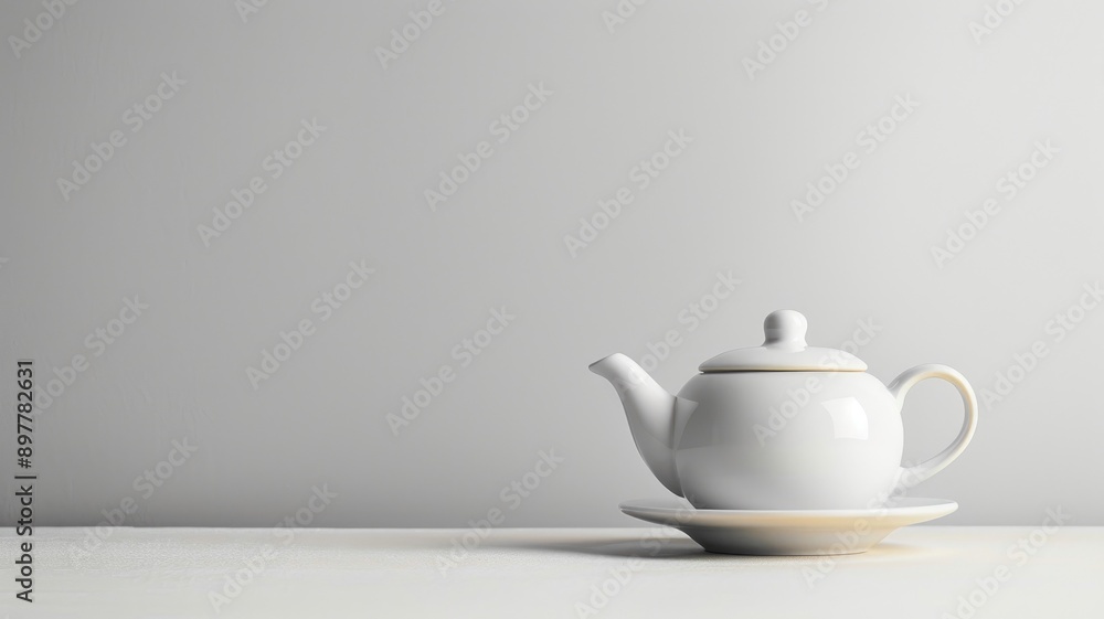 White ceramic teapot on matching saucer, minimalistic style White ceramic teapot on matching saucer, minimalistic style