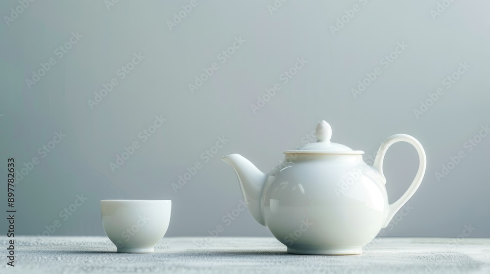 White ceramic teapot with cup on grey surface White ceramic teapot with cup on grey surface