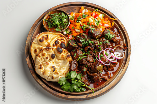 Board and plate of tasty Kosha Mangsho with on white background. photo