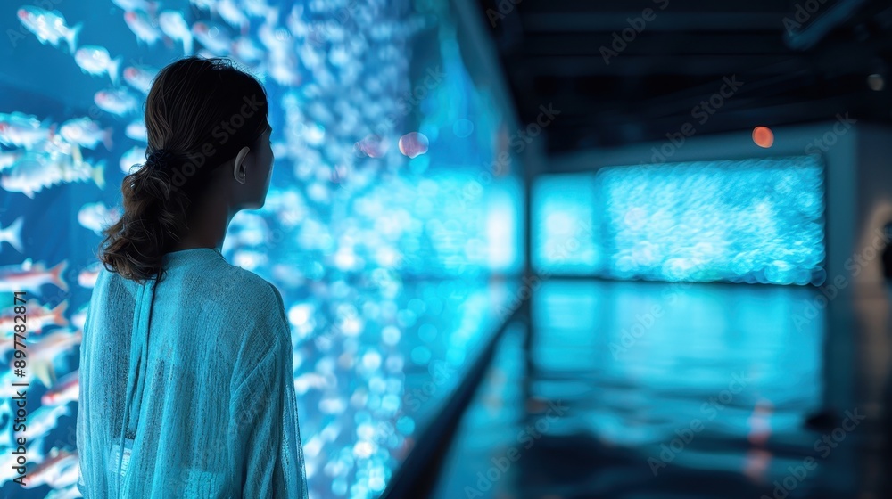 A woman stands in awe, gazing at a large fish tank filled with vibrant aquatic life, enhancing the wonder and beauty of the underwater world. A woman stands in awe, gazing at a large fish tank filled with vibrant aquatic life, enhancing the wonder and beauty of the underwater world.