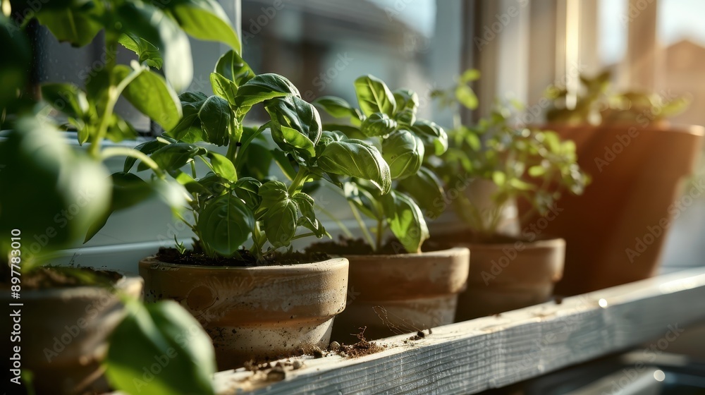A collection of potted herbs placed on a rustic wooden shelf by the window, drenched in sunlight, adding a touch of nature and freshness to the indoor kitchen space. A collection of potted herbs placed on a rustic wooden shelf by the window, drenched in sunlight, adding a touch of nature and freshness to the indoor kitchen space.
