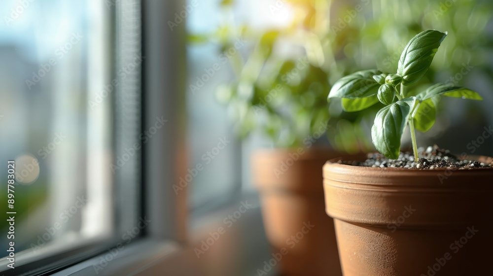 A single herb plant in a terracotta pot sitting on a windowsill, bathed in sunlight, symbolizing simplicity and the nurturing care for one's own culinary ingredients right at home. A single herb plant in a terracotta pot sitting on a windowsill, bathed in sunlight, symbolizing simplicity and the nurturing care for one's own culinary ingredients right at home.