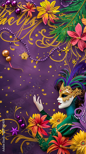 The Festive Mardi Gras Celebration of Vibrant Copy Space for Your Message. Perfect for use in event promotions, party invitations, social media posts, and marketing materials photo