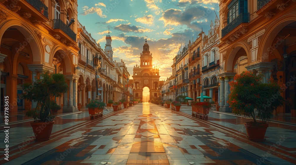 Fototapeta premium Arched Passageway in Seville, Spain, at Sunset