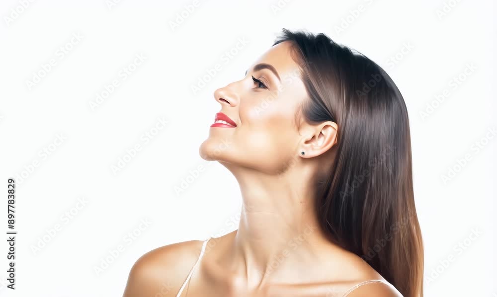 Medium shot portrait video of a satisfied woman in her 30s that is placed against a white background Medium shot portrait video of a satisfied woman in her 30s that is placed against a white background