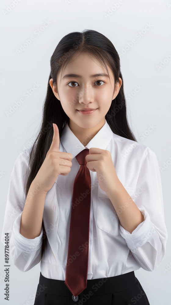 Smiling Female Student Pointing Up in School Uniform, Ready for Back to School and Excited for New Learning Opportunities.