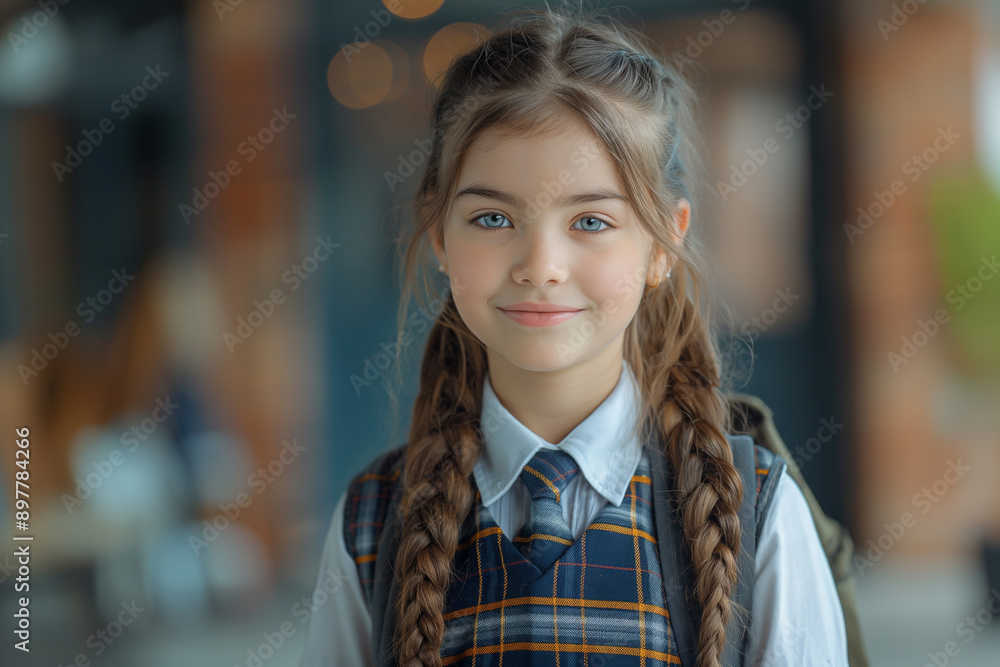 Young Girl with Braids in School Uniform, Ready for Back to School and Excited for New Academic Year. Young Girl with Braids in School Uniform, Ready for Back to School and Excited for New Academic Year.
