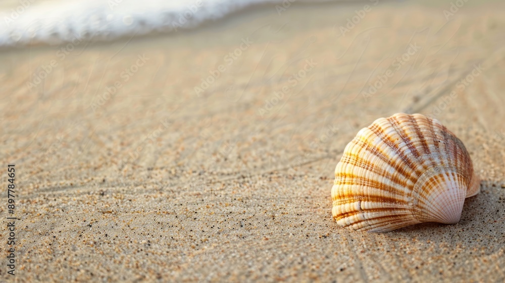 Seashell on sandy beach with ocean waves in background Seashell on sandy beach with ocean waves in background