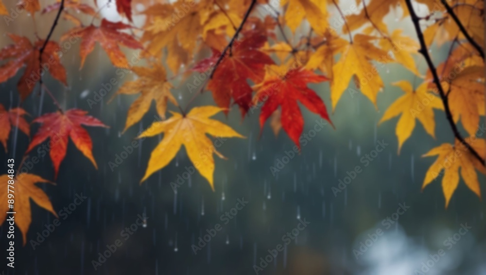 Autumn leaves in various shades of orange, red, and yellow hanging from a tree branch in a blurry background, copy space with rain falling