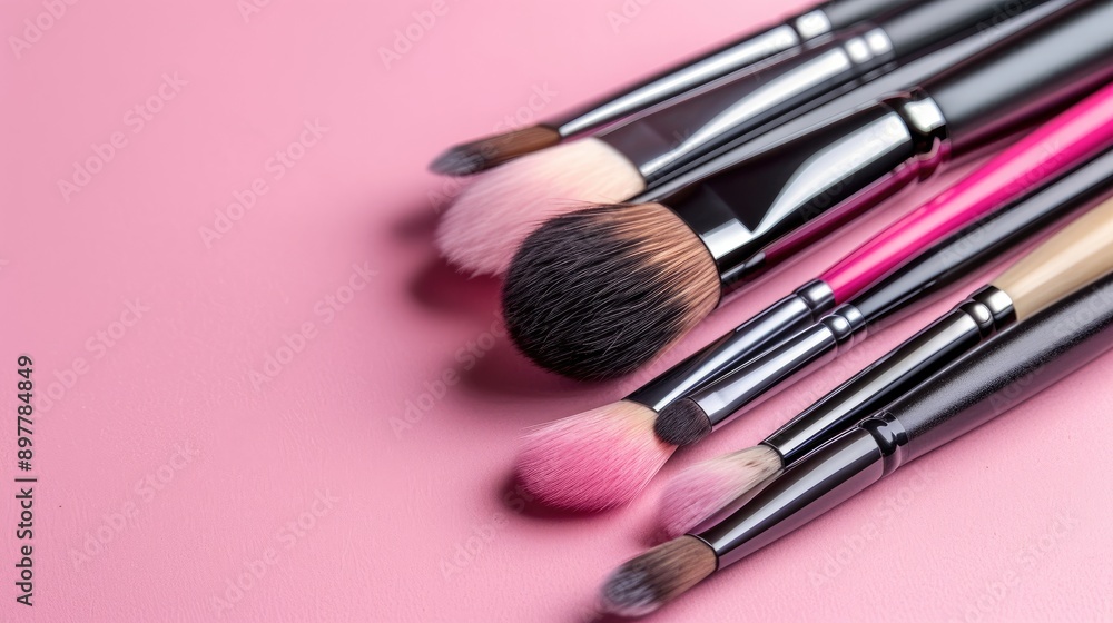 Artist s brushes on pink backdrop in close up Artist s brushes on pink backdrop in close up