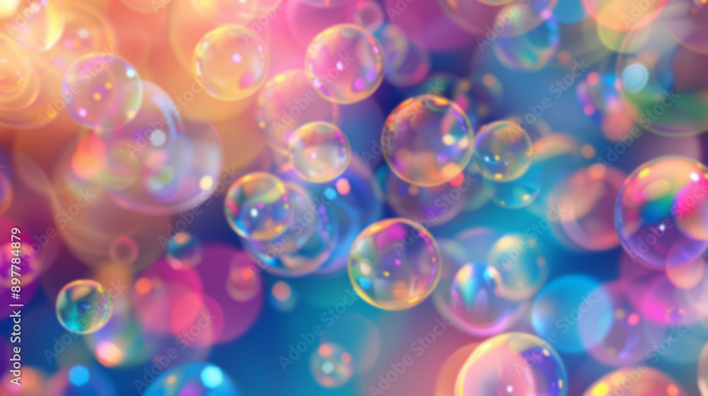 Abstract background of colorful, iridescent bubbles floating in the air with a soft, blurred focus Abstract background of colorful, iridescent bubbles floating in the air with a soft, blurred focus