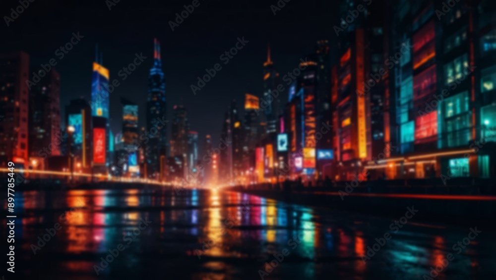 A blurred nighttime cityscape with bright neon lights reflecting in the water A blurred nighttime cityscape with bright neon lights reflecting in the water