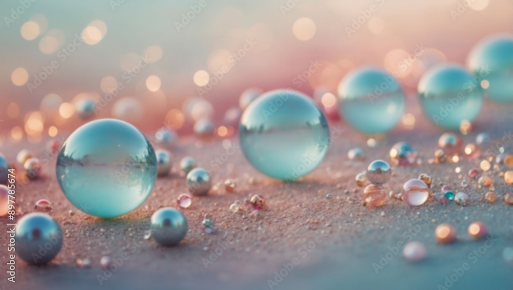 Blue glass spheres are scattered on a sparkling surface, with a blurred background of pink and blue hues Blue glass spheres are scattered on a sparkling surface, with a blurred background of pink and blue hues