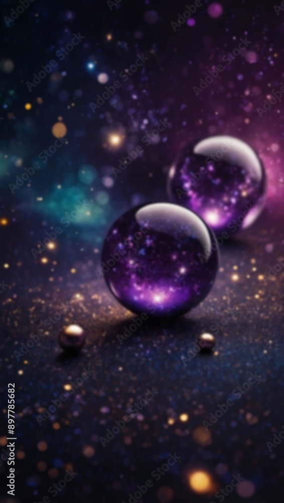 Three shiny purple spheres, reflecting a galaxy of stars, are scattered on a dark, out-of-focus background Three shiny purple spheres, reflecting a galaxy of stars, are scattered on a dark, out-of-focus background