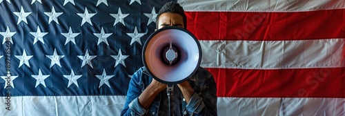 female activist with megaphone, american flag background  photo