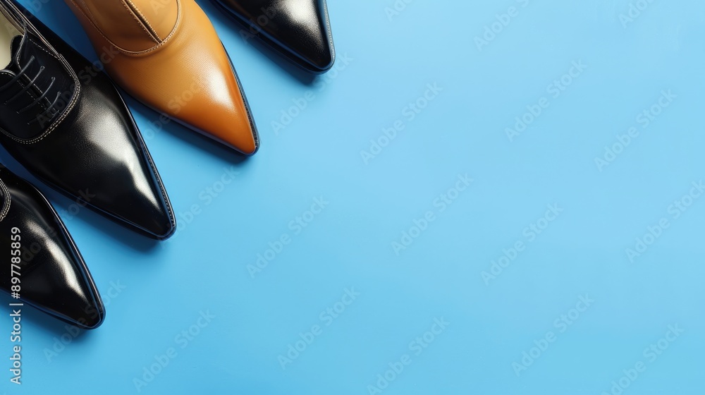 Selecting three pairs of modern pointed toe classic shoes against a blue background with space for text aimed for an event Selecting three pairs of modern pointed toe classic shoes against a blue background with space for text aimed for an event
