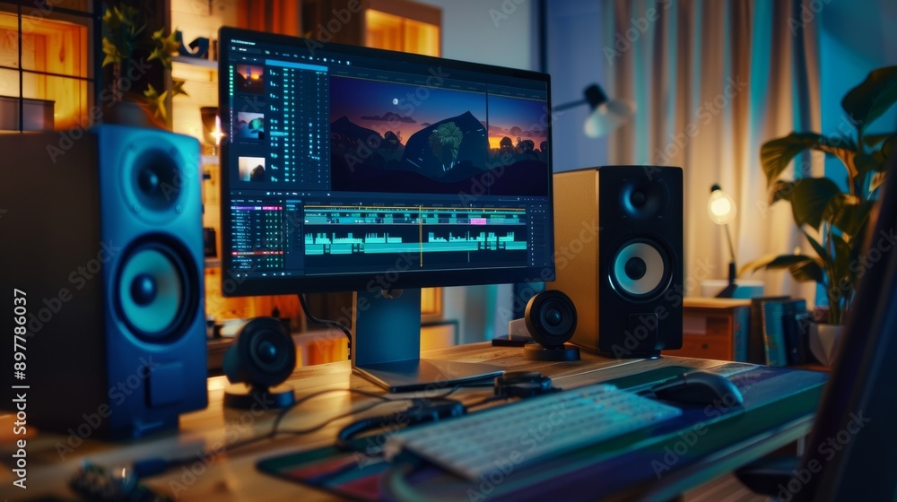 high-end computer and a video editing program on the screen high-end computer and a video editing program on the screen