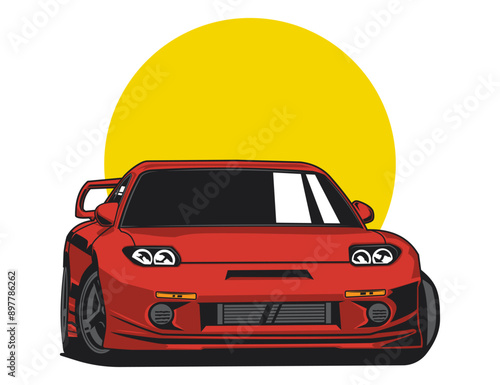 red modification car in 90s illustration vector style graphic