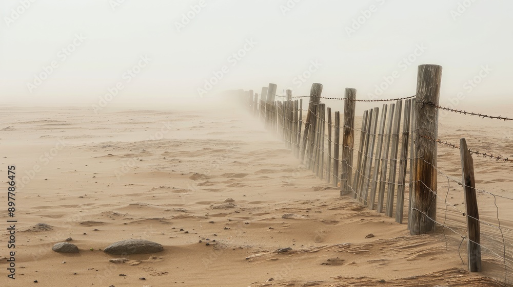 Barbed wire and wooden fence in foggy desert landscape Barbed wire and wooden fence in foggy desert landscape