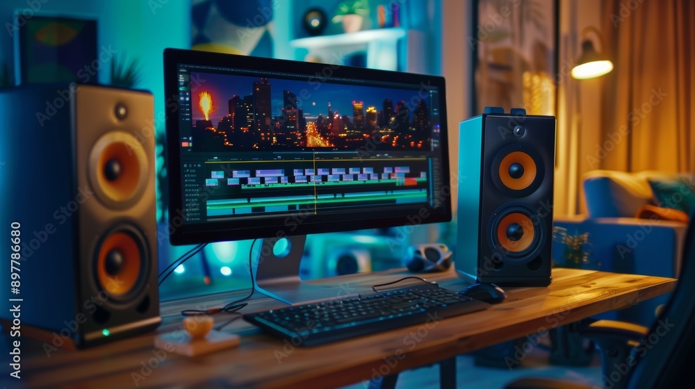 high-end computer and a video editing program on the screen high-end computer and a video editing program on the screen