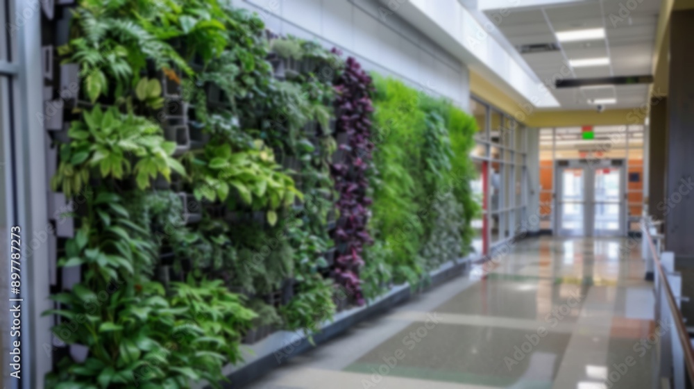 A blurred view of a vertical garden in an indoor hallway, with light reflecting off the polished floor, modern office, out of focus A blurred view of a vertical garden in an indoor hallway, with light reflecting off the polished floor, modern office, out of focus