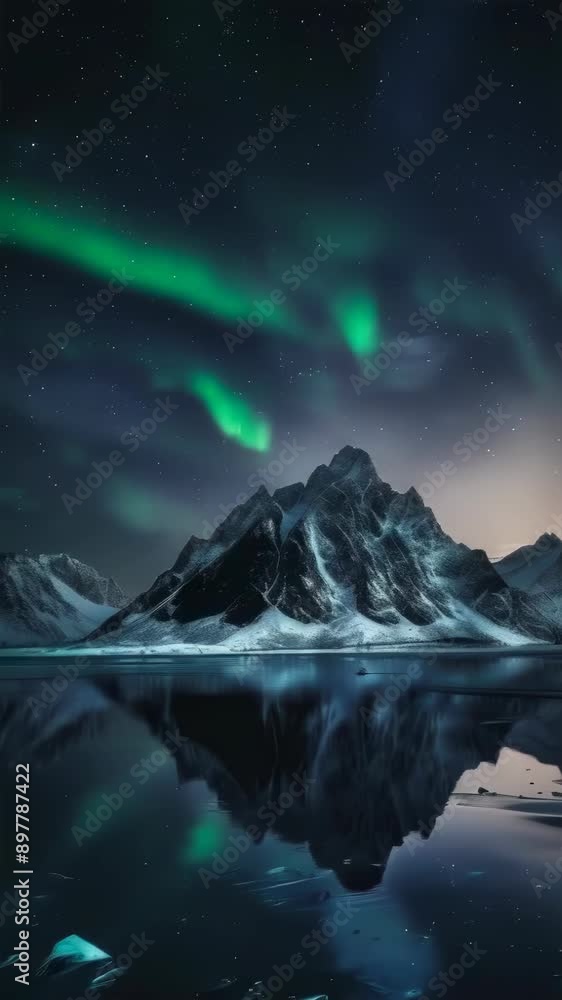 The vibrant Northern Lights illuminate the night sky over a snow-covered mountain and a calm, reflective lake. The serene landscape captures the breathtaking beauty of nature. A magical, tranquil The vibrant Northern Lights illuminate the night sky over a snow-covered mountain and a calm, reflective lake. The serene landscape captures the breathtaking beauty of nature. A magical, tranquil