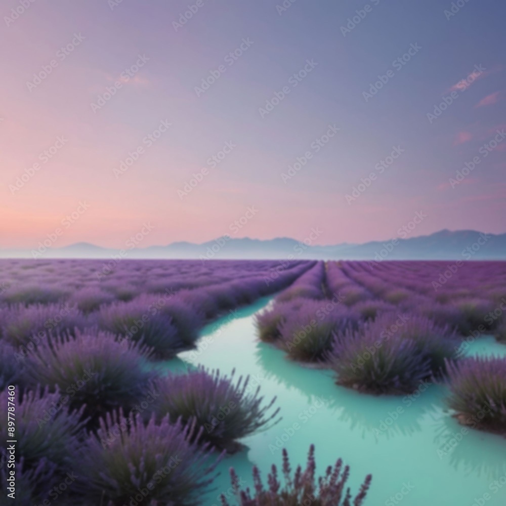 Obraz premium A field of lavender flowers with a waterway running through the middle, sunset, out of focus, background